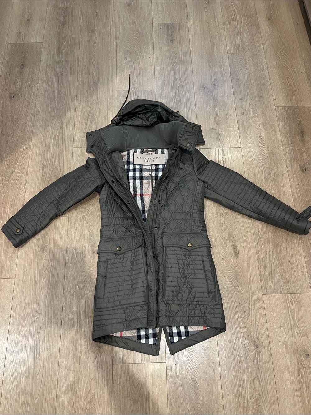 Burberry Quilted Trench Coat in Gray/olive green with Check Lining
